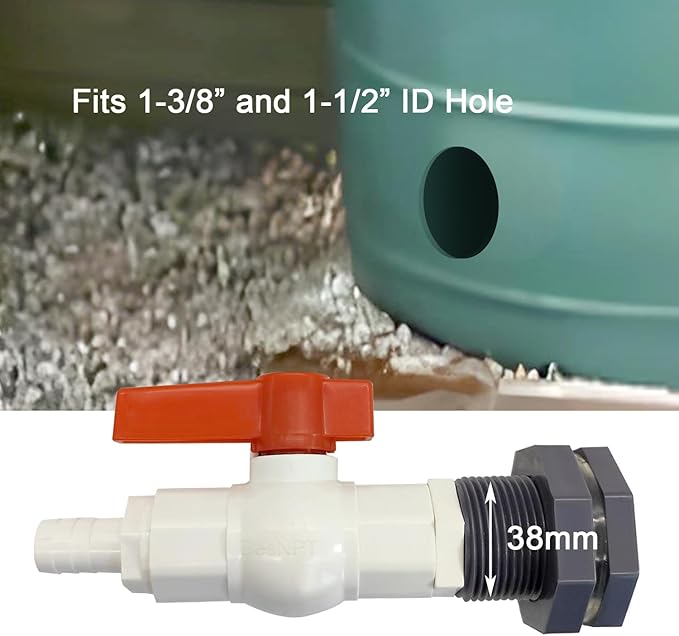 2Pcs Rain Barrel Spigot Faucet Kit with PVC Bulkhead Fitting Ball Valve Thread Seal Tape Clamps and Garden Hose Barb Adapter (5/8" Barb), fits 1-3/8 and 1-1/2 ID Hole
