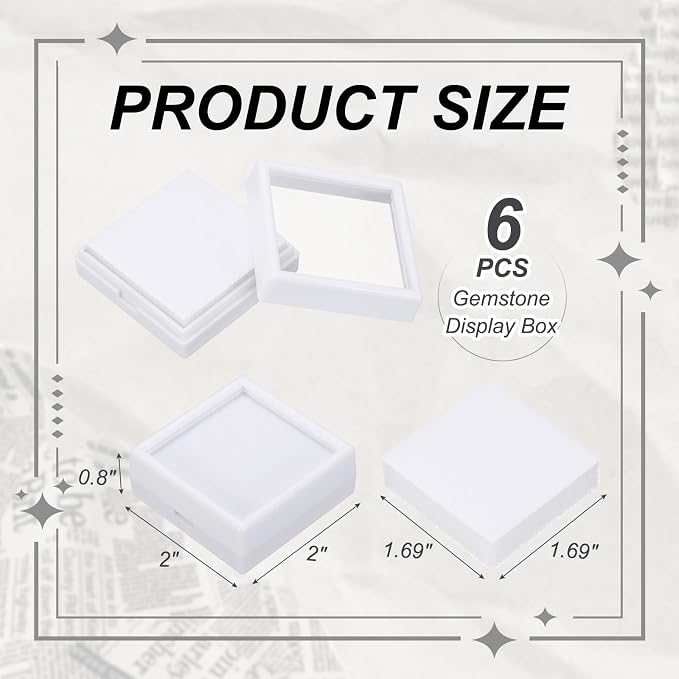 MECCANIXITY 6Pcs Gemstone Display Box, 2x2x0.8inch Acrylic Small Diamond Cases Square Jewelry Boxes Container with Sponge Cushions Clear Lids for Gems Coins Ring Crystal, White