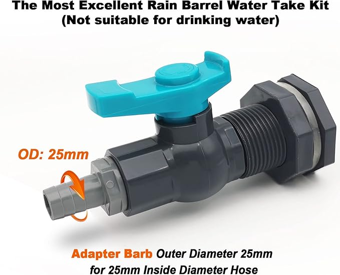 Rain Barrel Spigot PVC Faucet Kit Water Diverter Kit with Bulkhead Fitting, Ball Valve, Garden Hose Barb(25mm) Adapter, Pipe Clamps, Thread Tape, Hole Saw(for 25mm ID Hose)