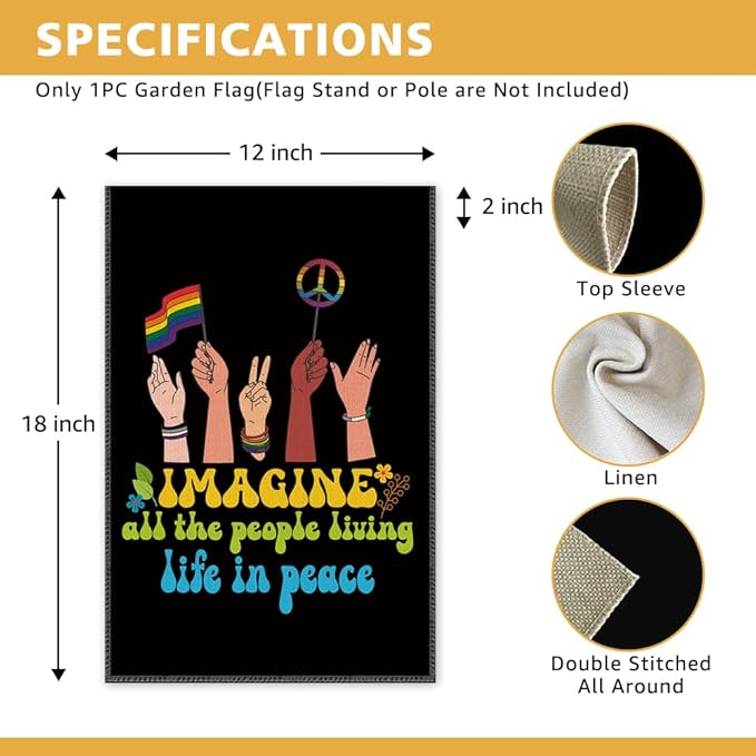 Imagine All The People Living Life In Peace Double Sided 12 x 18 Inch Outdoor Indoor Decor Flag, LGBTQ Flag