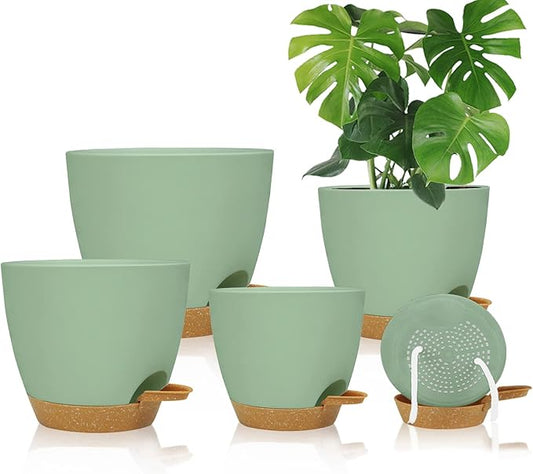 Self Watering Planters with Drainage Holes Reservoir,Nursery Planting Pot for Indoor Decor Garden Plants Succulents,Snake Plant, African Violet,Plastic Flower Pots Set 7+6.5+6+5.5+5 Inch (Green)