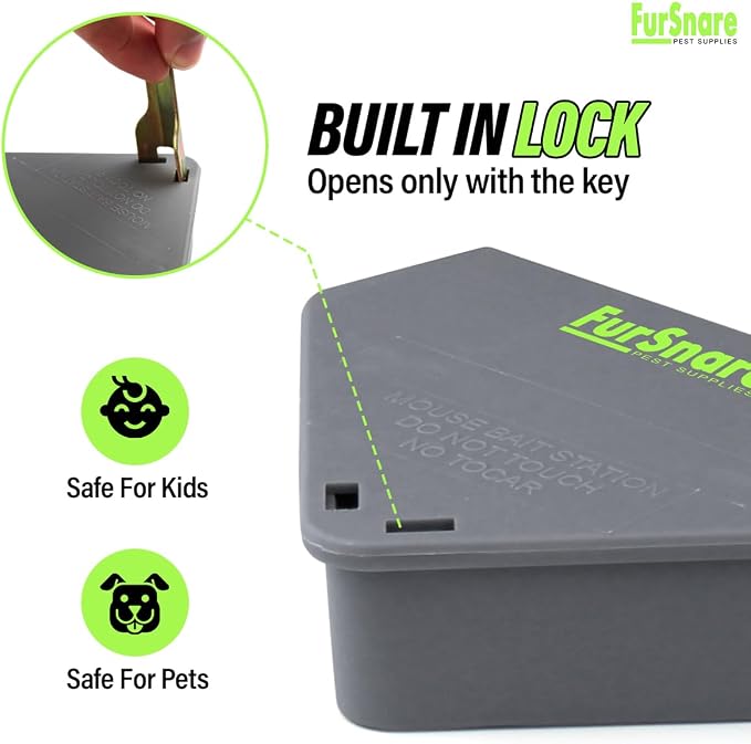 Furnsnare Mouse Bait Station (12 Pack) - Bait Boxes for Mice and Rats with Lockable Keys - Weatherproof Outdoor Mouse Bait Stations- Safe for Kids & Pets