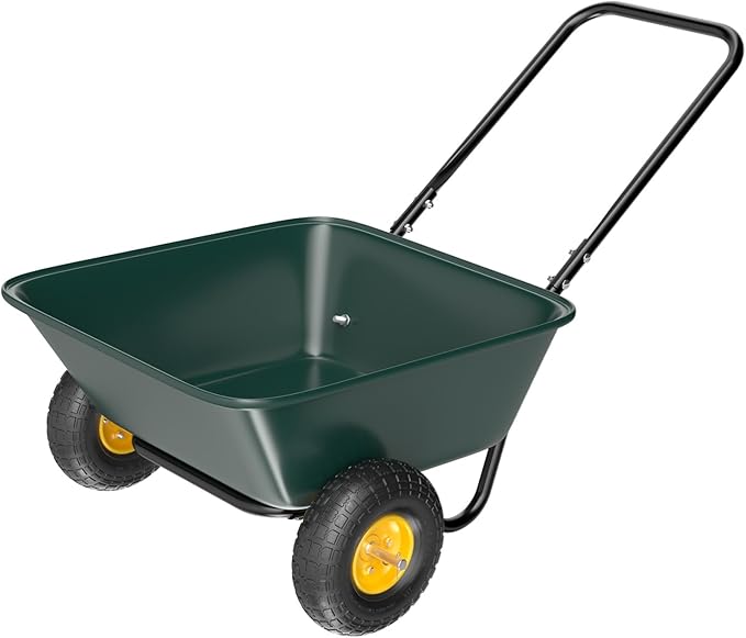 VINGLI 2 Wheel Wheelbarrow, Plastic and Steel Wheel Barrel, 330lbs Capacity Garden Cart for Lawn, Gardening, Construction