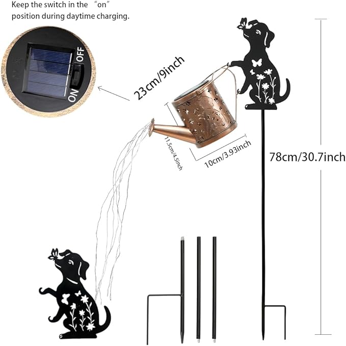 Outdoor Solar Dog Garden Decorative, 2 Pcs Solar Watering Can with Light, Featuring Metal Dog Statue Silhouette Stake, Day Gift for Women, for Outside Landscapes,Lawn, Garden Path Decoration