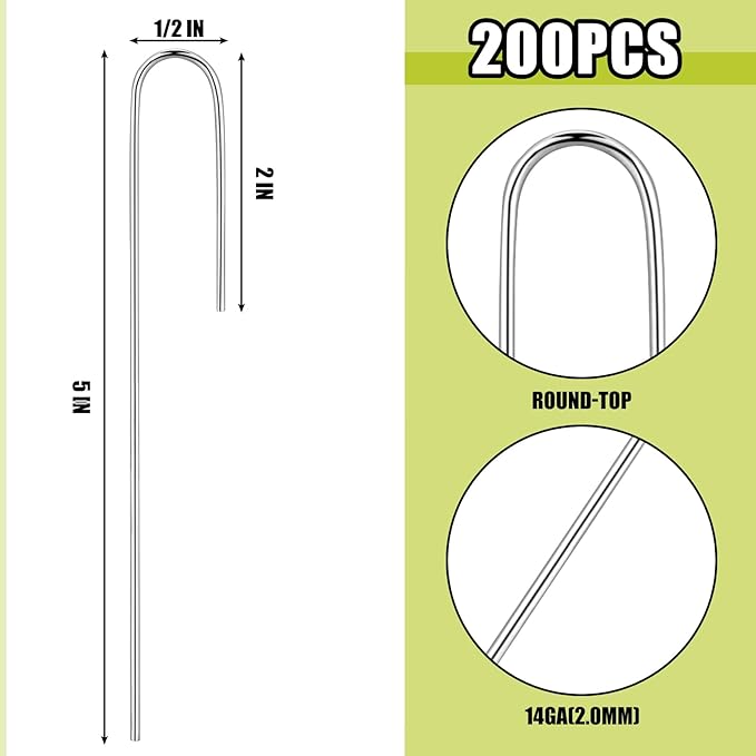 Pelopy 200 Pcs 1/2" Irrigation Drip Tubing Stakes 5 in J-Shaped Landscape Staples Garden Drip Line Stakes Soaker Hose Pins for Lawn Plant Yard Fence Ground Drips Systems, Sliver