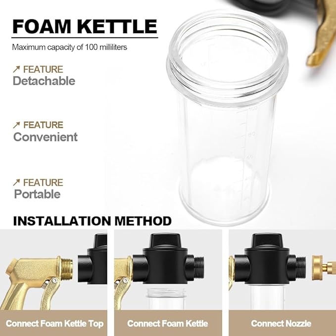 High Pressure Garden Hose Nozzle with Soap Dispenser, Heavy Duty Foam Gun Car Wash Sprayer, Adjustable Nozzle for Gardening, Solar Panel Cleaning, Pet Showering (Gold)