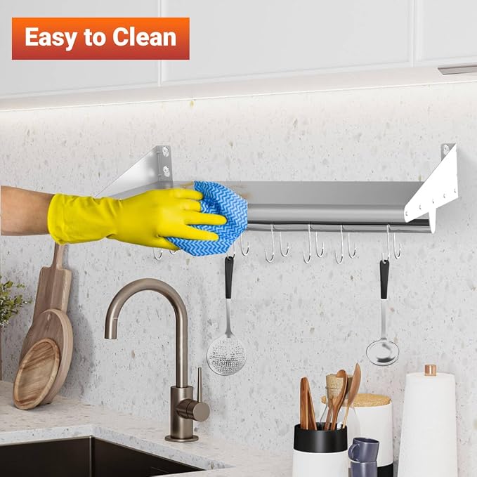 Skyflame 12"x36" Stainless Steel Wall Mount Floating Shelving with 6 Hooks | Sturdy Construction, Triangular Support, Rust Resistant, Maximum Weight Capacity 165 lbs, Restaurant, Kitchen, Home Use