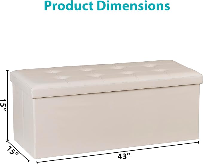 JupiterForce Storage Ottoman Bench, 43 Inches Folding Faux Leather Ottoman Footrest Bench with Storage&Padded Seat for Living Room, Bedroom, Entryway, Holds up to 660lbs, Beige