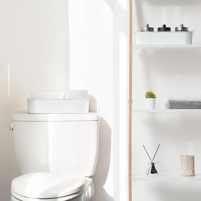 Mkono Metal Storage Basket, Toilet Paper Holder Bathroom decor, 2 Pack | White, Farmhouse Galvanized Metal Tray, Back of Toilet Tank Organizer, Decorative Bin, Bathroom Bedroom Living Room Office