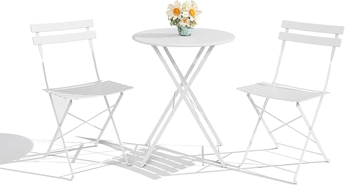 GarveeLife 3-Piece Folding Bistro Set, Foldable Patio Furniture Set with Premium Frame, Outdoor Bistro Table and Chairs Set of 2 for Patio, Garden and Balcony, White