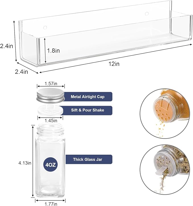 PMMASTO 2-Pack Clear Acrylic Self-Adhesive Spice Racks with 12 Empty Jars | Self-adhesive or Screw Mounting, 238 Spice Labels, Chalk Marker and Funnel, for Kitchen,Pantry Door And Bathroom Storage