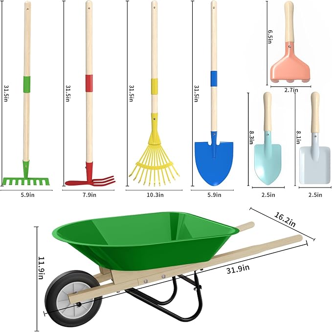 Qtioucp Kids Wheelbarrow Set with Gardening Tools Outdoor Backyard Garden Play for Toddlers Boys Girls 3-8, with Shovel, Rake, Leaf Rake, Easter Birthday Gifts (Green Garden Set)