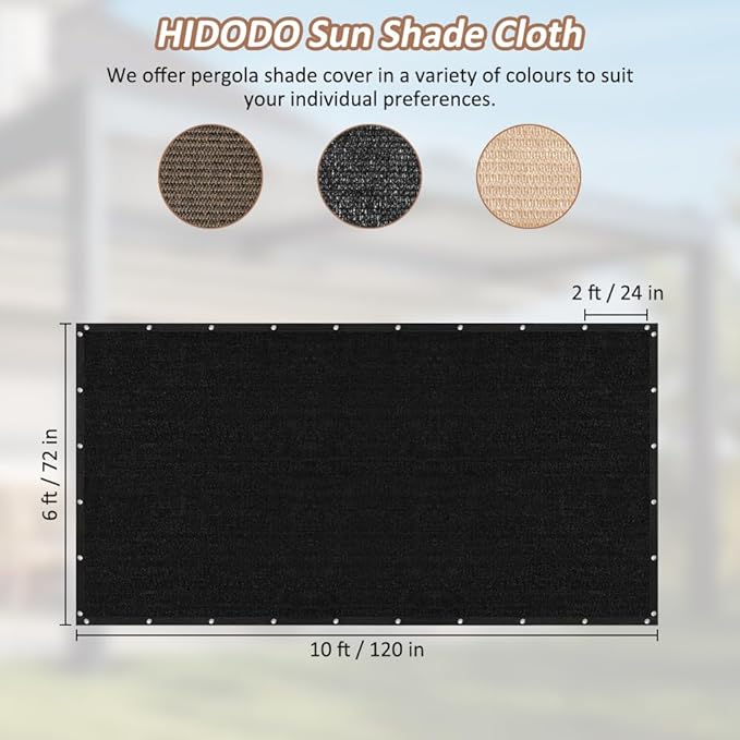 90% Shade Cloth with Grommets, 6 x 10 FT Sun Shade Tarp Pergola Shade Cover Canopy, UV Block Privacy Sun Screen for Outdoor, Patio, Garden, Porch and Deck, Black