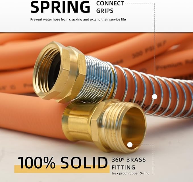 Wiseflow Garden Hose 150FT x 5/8", Heavy Duty Rubber Hose, Water Hose with Five Layered Braiding, Male Female Fittings, 1000PSI Burst, 300PSI Working for Yard, Car Wash, Pets (Orange)