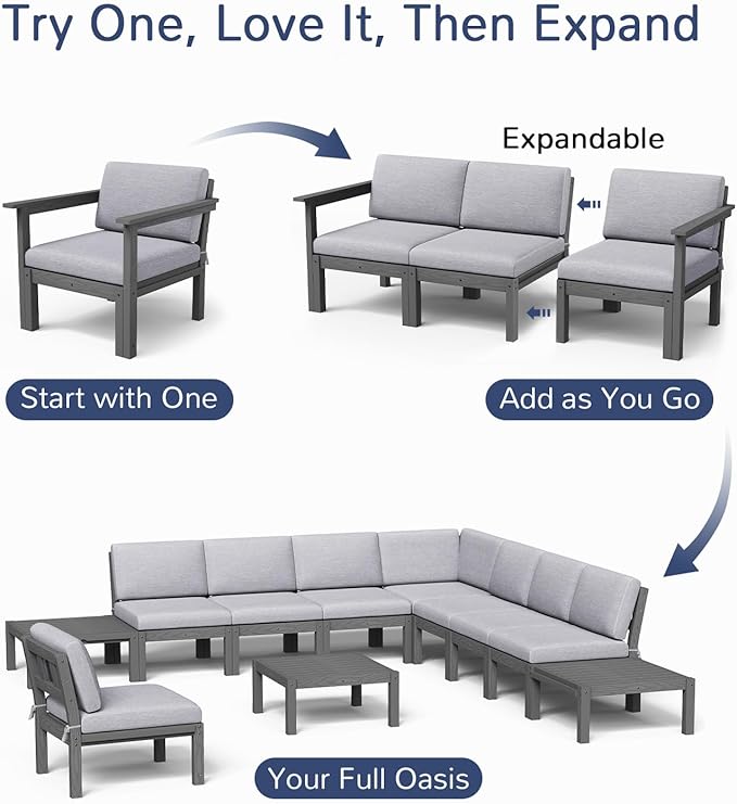 Stoog Modular 2-Seater Outdoor Bench, Convertible Loveseat with Removable Arm – Waterproof HIPS Frame & Olefin Cushions for Patio, Poolside, Backyard, Grey