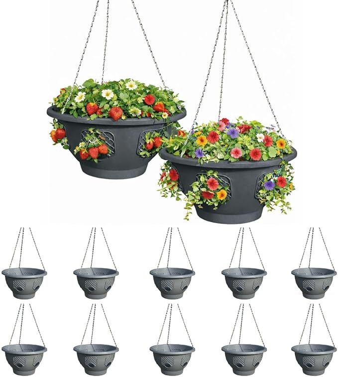 Hanging Planter Basket 10 Pack Bulk, Easy Fill Strawberry Planter, Outdoor Hanging Basket with Side Planting Panels, Durable UV Resistant Planters, Made in USA, 10, Gray
