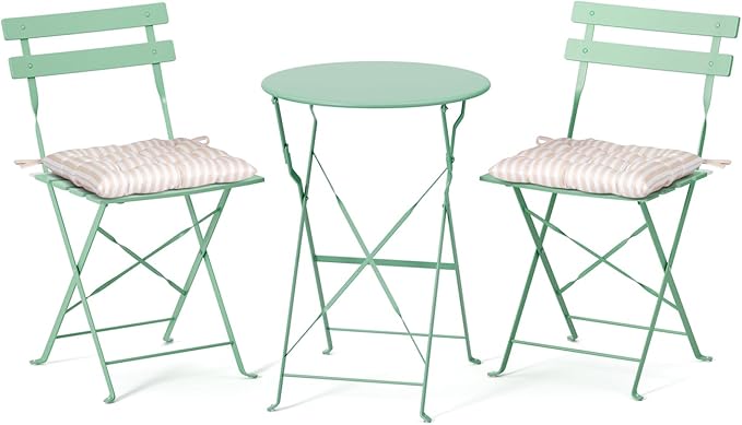 VINGLI Outdoor Folding Bistro Table and Chairs Set of 2, 3-Piece Bistro Set with Premium Steel Frame and Comfortable Cushions for Patio, Balcony, Garden, Porch, Yard, Green