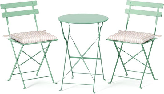 VINGLI Outdoor Folding Bistro Table and Chairs Set of 2, 3-Piece Bistro Set with Premium Steel Frame and Comfortable Cushions for Patio, Balcony, Garden, Porch, Yard, Green