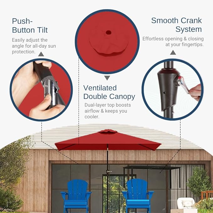 6.5' x 10' Rectangular Patio Umbrella Large Outdoor Market Umbrella w/UV Protection, Push Button Tilt and Crank Lift, Rectangle Table Umbrella for Garden, Deck, Pool, Patio, Red