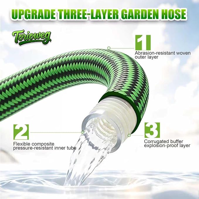 Garden Hose 100 FT-Triple-layer pipe, Heavy Duty Water Hose with solid Aluminum Fittings, Ultra-Lightweight and Flexible, Abrasion-Resistant, Rust-Resistant,Watering and Cleaning for Outdoor