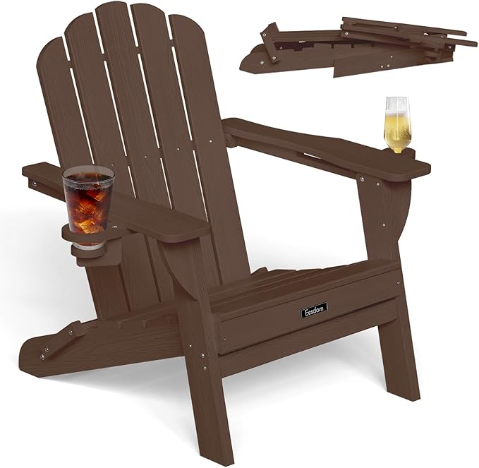 Adirondack Chair, HDPE Material Fire Pit Chairs, Plastic Adirondack Chairs with 2 Cup Holder, Outdoor Lawn Chair for Patio Garden, Brown