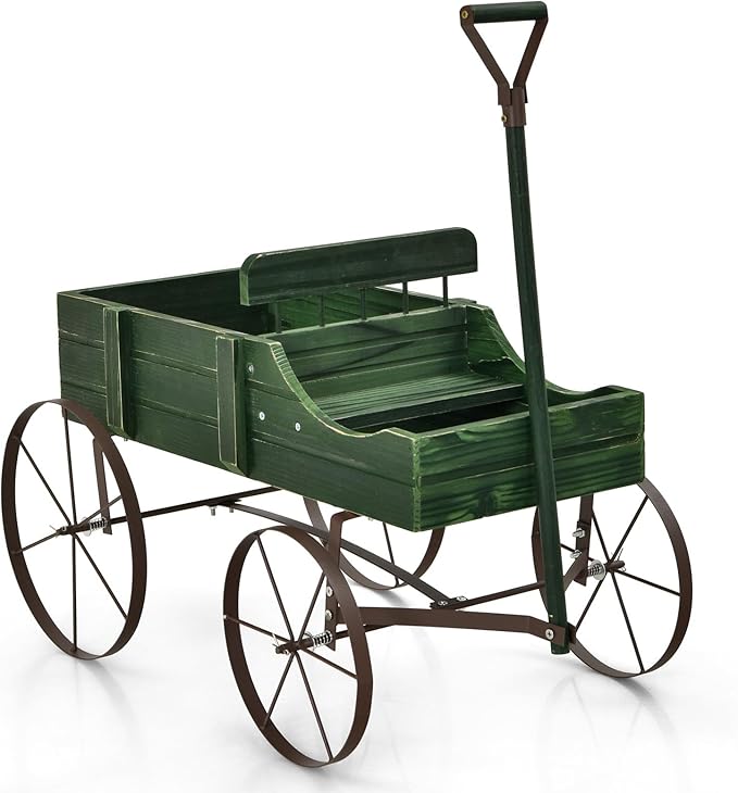 Wooden Wagon Planter, Decorative Flower Pots w/ 2 Planting Sections, Wheels & Handle, Rustic Farmhouse Garden Planter Box for Patio, Yard, Porch (Green)