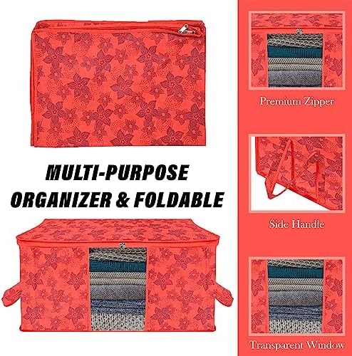Kuber Industries Underbed Storage Bag | Clothes Storage Organizer | Blanket Cover with Clear Window | Zipper Closure & Handle Cloth Organizer | New Flower-Design | Large | Pack of 6 | Red