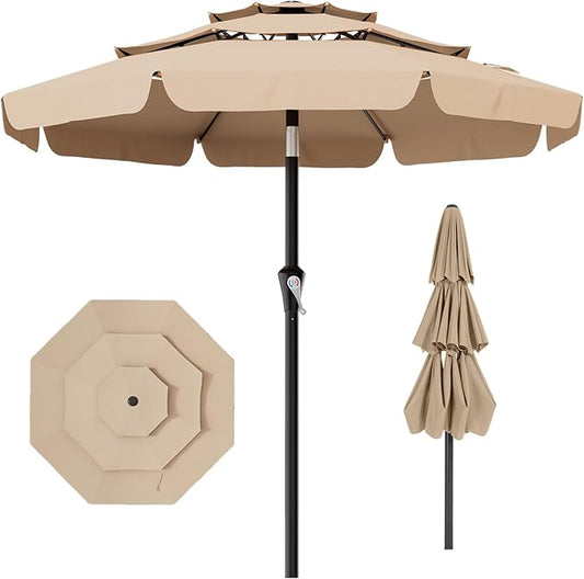 AreShark 10FT 3-Tiers Patio Umbrella with Valance, Outdoor Umbrellas with Crank/Tilt, Table Market Umbrella Vented w/ 8 Sturdy Ribs for Garden, Deck, Backyard, and Pool, Beige