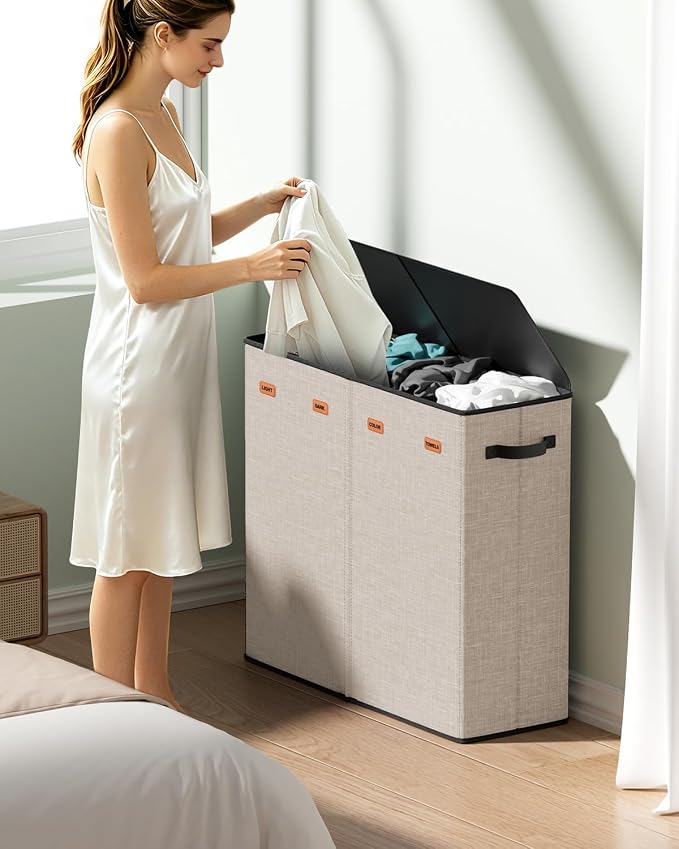 185L Laundry Hamper 4 Section with Lid & Removable Bags | Collapsible laundry basket organizer for laundry room, bedroom & dorm with 5 removable washing bags