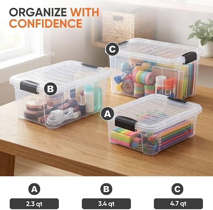 Superio 2.3 Quart Clear Plastic Storage Containers with Lids, Stackable Organizer Bins, BPA-Free Storage Boxes for Home, Office, Dorm & Classroom, 3 Pack