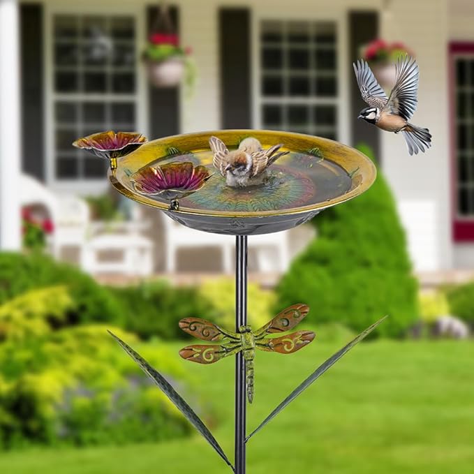 DREAMSOUL 39" Tall Bird Bath with Dragonfly Stake, Metal Birdbath with Flower Feeders, Freestanding Bird Bath for Outside Garden Yard Patio