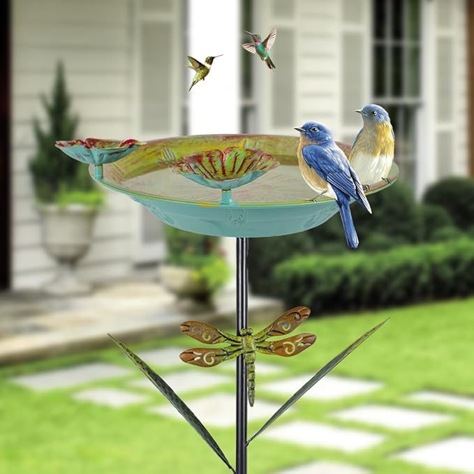 DREAMSOUL 39" Tall Teal Bird Bath Stake with Dragonfly Stake, 12" Dia Birdbath with Lotus Feeders, Metal Bird Bath for Outside for Garden Yard Patio