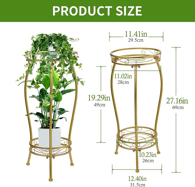 LOYAL TIGER Plant Stand Indoor Outdoor, 2 Tier 27" Tall Metal Shelf, Gold | Heavy Duty Plant Rack, Rustproof Metal, Stable 3-Leg Base, Holds up to 100 lb, Flower Pot Holder