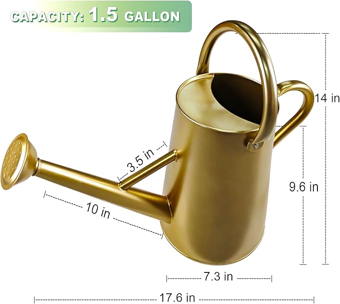 Watering Can for Outdoor&Indoor Plants，1.5 Gallon（5.7L） Metal Watering Can with with Removable Spout，Large Galvanized Steel Garden Flower Water Can Watering Pot with 2 Handles，Gold