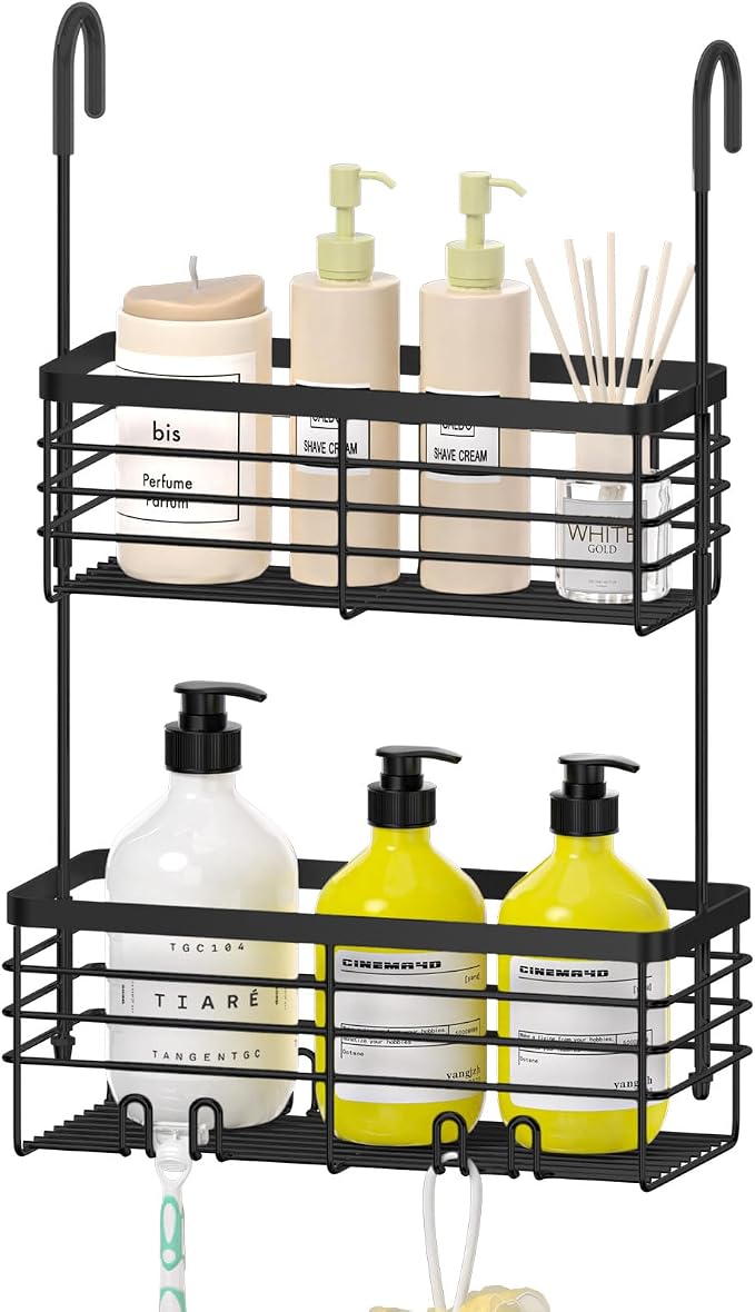 DELLAN 2-Tier Shower Hanging Caddy, Shower Rack with Hooks, Black