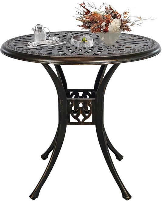 30.31" Cast Aluminum Outdoor Dining Table, Patio Bistro Table with 2.36" Umbrella Hole, Metal Conversation Furniture for Garden Porch