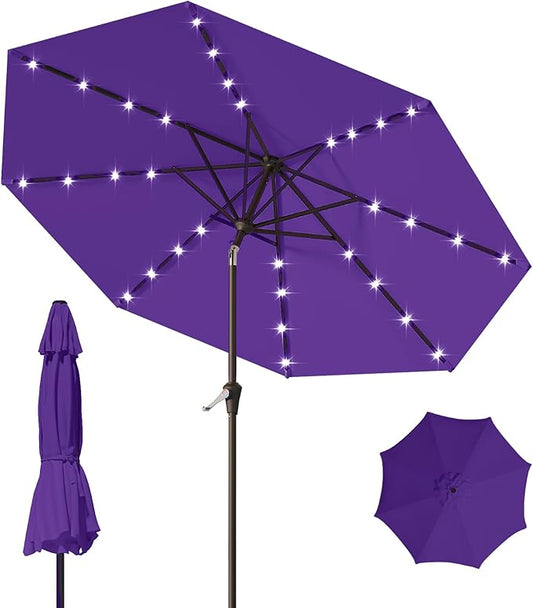 9FT Patio Umbrella with Solar Lights,Outdoor Market Umbrella with Tilt and Crank, LED Lighted Table Umbrella for Garden,Deck,Backyard,Pool,Beach