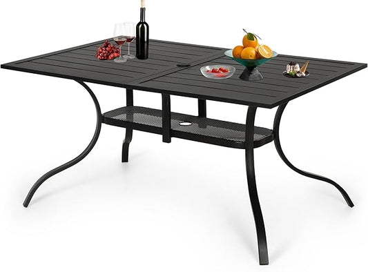 Oakcloud 60"x37" Patio Dining Table, Outdoor Metal Rectangular Table Patio Furniture Classic Black Table with 1.57" Umbrella Hole, for Garden Backyard Poolside Deck