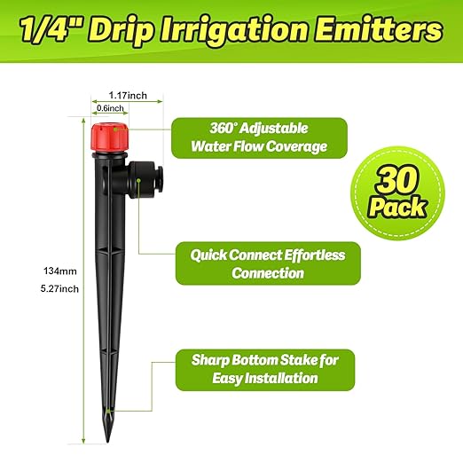 30 Pack Quick Connect Drip Emitters with Stake for 1/4" Irrigation Tubing, Adjustable 360 Degree Water Flow Irrigation Sprayer On 5" Stake Garden Irrigation Dripper for Watering System