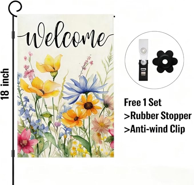 Spring Garden Flag 12x18 Inch Double Sided Outdoor Decor Watercolor floral welcome design for spring decor, seasonal summer garden flag for outside yard, patio, farmhouse, and holiday outdoor decoration
