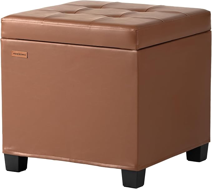 ABHENG Steel Frame Square Ottoman with Storage Caramel UASND645Z | 17.7" x 17.7" x 17.7", Hold 660 lbs, 48L Storage Capacity, Waterproof Synthetic Leather, Removable Lid, for Dorm Living Room