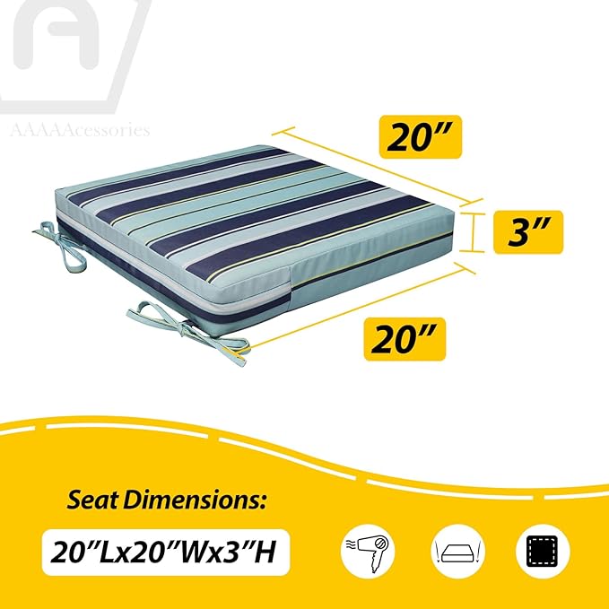 AAAAAcessories Outdoor Seat Cushions for Chairs, Waterproof, Fade-Resistant, 20" x 20" x 3", Patio Furniture Replacement Cushions, Set of 2, Ash Teal Seaside Stripe