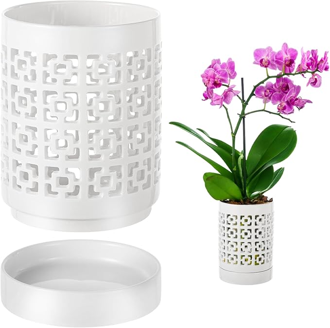 Ceramic Orchid Planter with Holes Orchid Pots with Tray for Home Plant Decoration, Quality Ceramic Material Breathable Design Ideal for Indoor and Outdoor Use