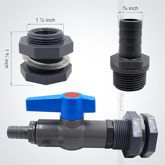 rain barrel spigot kit within 1 inch pvc bulkhead adapter 1" valve 5/8" plastic barb fitting, for 5/2.5/50/55/100 gallon water tank garden bucket outdoor rainwater collection