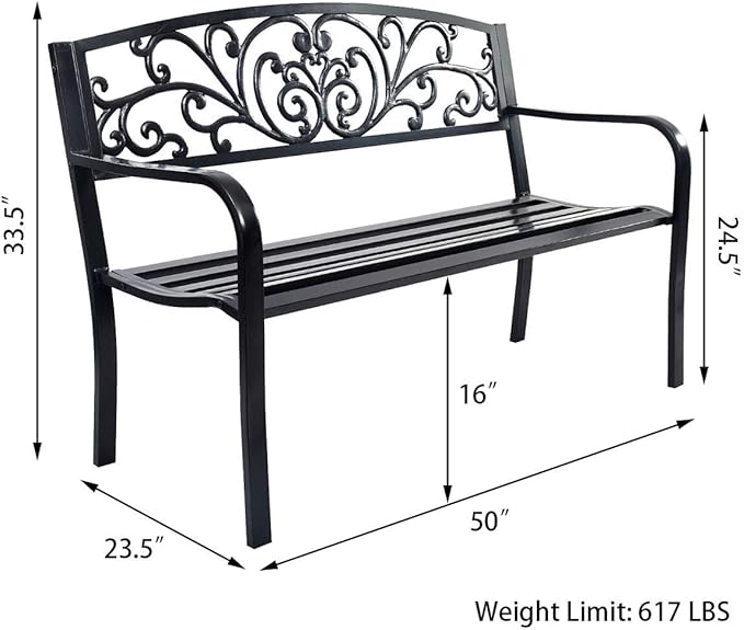 Tangkula Outdoor Steel Garden Bench Park Bench, 50 Inch Patio Park Bench Chair with Heavy-Duty Steel Frame, Outdoor Welcome Bench with Casted Pattern, Ideal for Yard Porch Balcony Garden Park