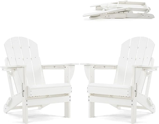 Folding Adirondack Chair, HDPE Outdoor Texture Lawn Chair with Reclining Back, Cup and Phone Holder - Comfortable Firepit Chair Weather Resistant for Patio or Backyard (White, Set of 2)