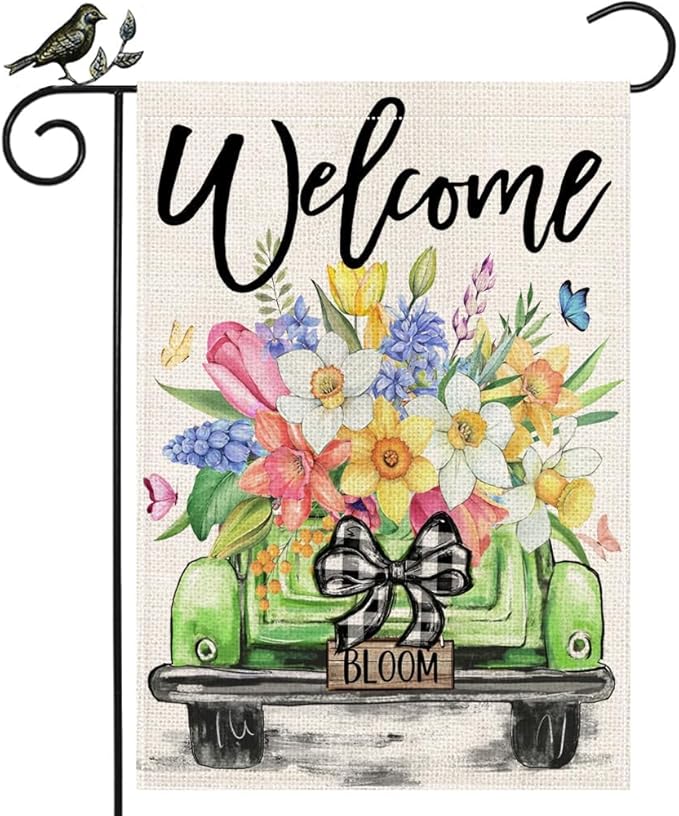 GEEORY Butterfly & Daffodil Hyacinths Floral Truck Welcome Garden Flag 12x18 Inch, Double Sided Spring Summer Decor, Farmhouse Rustic Outdoor Flag Outside Yard Lawn Decoration
