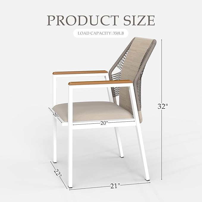 Aluminum Outdoor Patio Dining Chairs - Imitation Rope Vine Chair, Ergonomic Backrest Design Detachable Seat Cushion Soft and Breathable Garden Porch, White, Set of 8