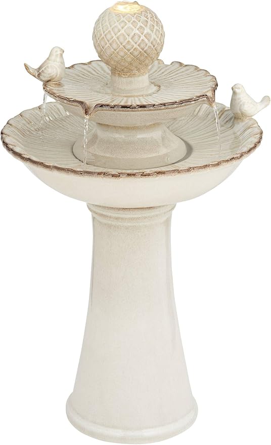 Bathing Bird 26 3/4" High Large Italian Outdoor Cottage Core Decor Cream Ceramic Floor Fountain with Light LED Waterfall 2-Tier Standing Basin Water Feature for Outside Garden Patio - John Timberland