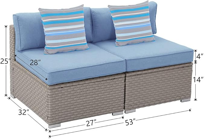 COSIEST 2-Piece Outdoor Furniture Add-on Armless Chairs for Expanding Wicker Sectional Sofa Set w Denim Blue Thick Cushions, 2 Stripe Woven Pillows for Garden, Pool, Backyard